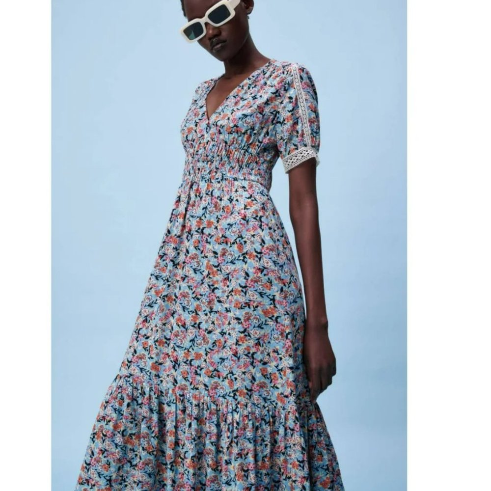 Zara Boho Floral Print Contrast Lace Midi Dress Ruffle Flirty Lace A-Line Small - Picture 3 of 5
